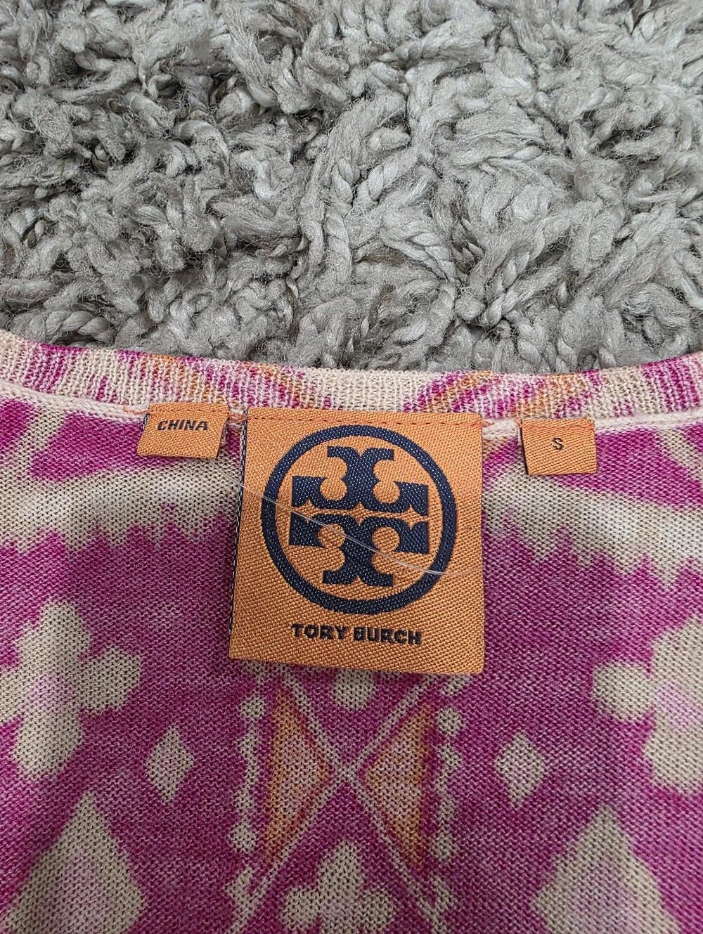 Tory Burch 100% Merino Wool Pink Print Cardigan Sweater Size Small